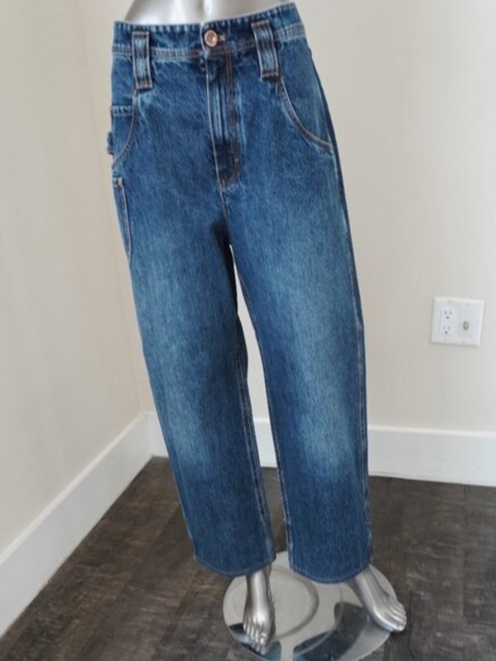Brunello Cucinelli Monili Jeans Blue Denim High Waist Carpenter Wide Leg Size 6
